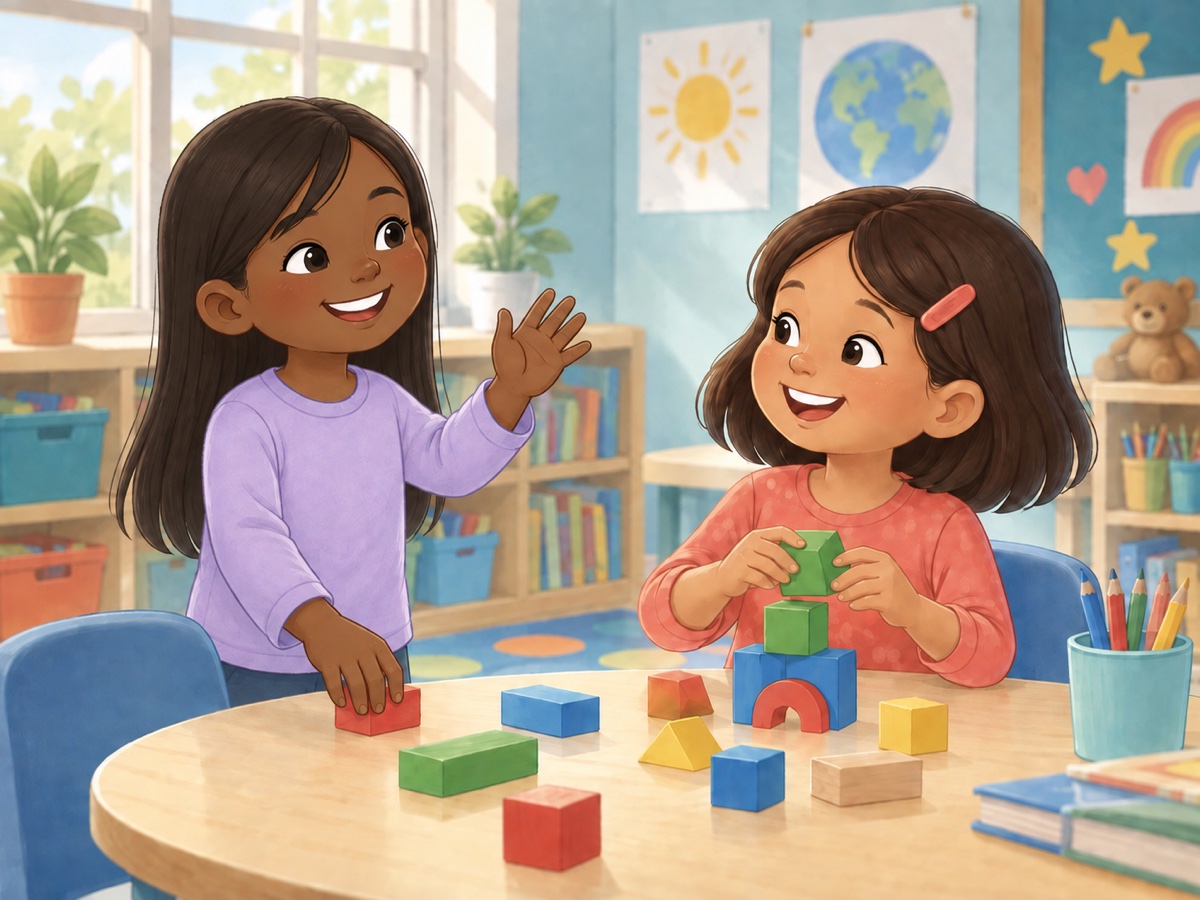 Maya, a girl in lavender, waves to a child playing with blocks